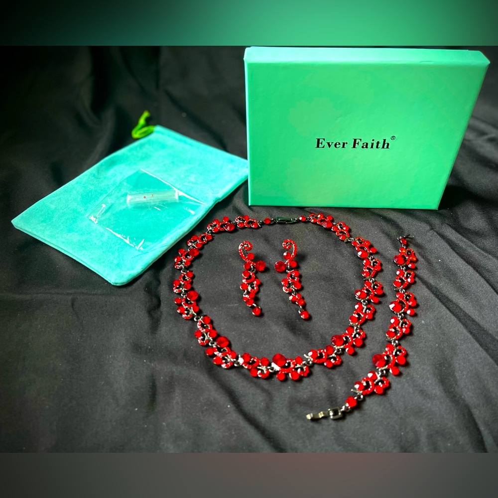 EVER FAITH Red Austrian Crystal Flower Wave Necklace Earrings Bracelet Set